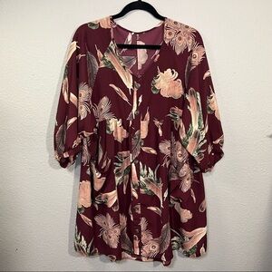 *𝅺Umgee Peasant Sleeve Feather Patterned Oversized Mini Dress Sz S